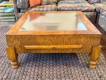Wood Coffee Table With Stainless Steel Inlay And Two Sliding Drink Trays