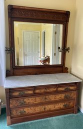 Beautiful Burl And Walnut Carved Marble Top Victorian Dresser