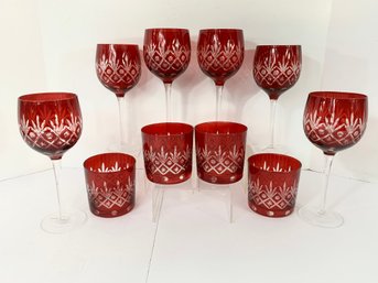 Set Of Pressed Glass Ruby Stain Wine Glasses & DOF Glasses
