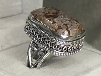 Incredible Large 925 / Sterling Silver Cocktail Ring With Ocean Jasper - Highly Polished - Nice Filigree Wotk