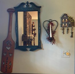 Painted Mirror, Sconce, Key Hook And Wood Decoration