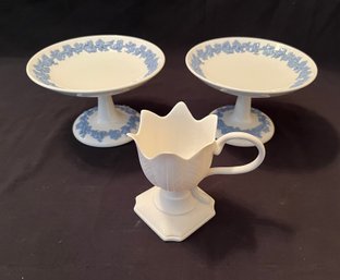 Pair Of Wedgewood Queensware Blue Leaf & Grape Pedestal Stands And Boehm Bisque Teacup