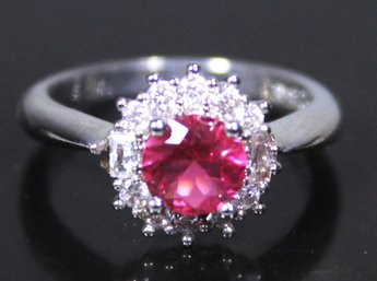 FINE STERLING SILVER LADIES RING PINK STONE W WHITE STONES SIZE 5.75