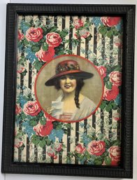 Vintage Antique Edwardian Or 1910s Framed Print - Lady Wearing Hat - Roses - Stripes - 12 X 16 Inches