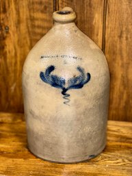 Antique 1800s Salt Glazed Stoneware Jug N. Clark Jr Athens NY ~ Blue Hand Painted Flourishes ~