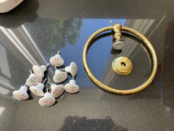 10 Floral Painted Drawer Pulls With Brass Towel Ring