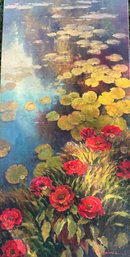 Lily Pads & Poppies Signed Oil On Canvas