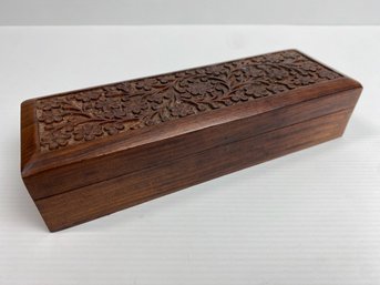 Carved Wooden Rectangular Box, Floral Pattern At The Top