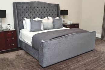 Mitchell Gold  Upholstered Grey Tufted Camelback Kingsize Bed With Privacy Panels And Calvin Klein Bedding