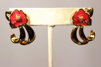 Gole Tone Enamel 1980s Pierced Earrings Floral Form