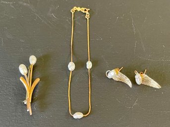 IPS 14K Gold Pearl Leaf Earrings, Bracelet & Pin