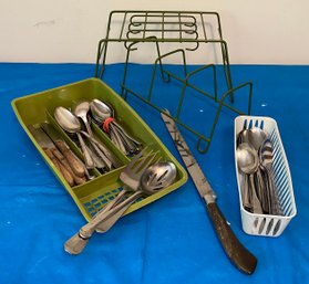 Vintage Silverware - Tray, Plate & Cup Holder Plastic Coated Racks, Large Serving Spoons & 12' Bread Knife