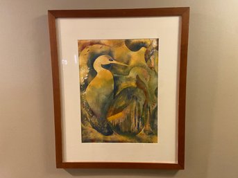 Framed Watercolor Of Birds In Abstract By Maria Poosikian