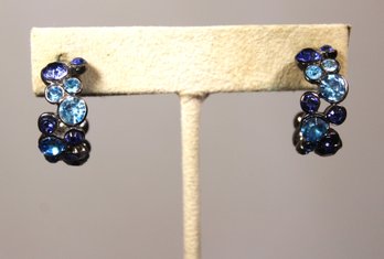 Contemporary Silver Tone Blue Rhinestone Pierced Hoop Earrings