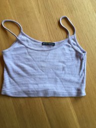 BRANDY MELVILLE, Cropped Cotton-Knit Striped Tank Top Shirt, Lavender & White, One Sz.