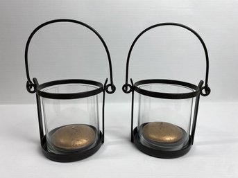 Rustic Black Metal Trimmed Glass Hurricane Candle Lanterns (2)