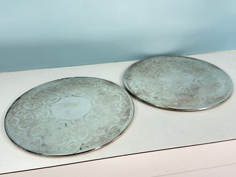 Vintage English Silverplate Round Etched Trivets With Felt Back