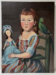Folk Art Oil On Canvas Painting - Girl With Doll & Green Parrot Bird - Signed: Peggy Bunting Mills - A Repro
