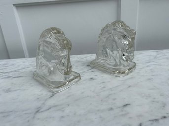 Pair Of Cut Glass Etched Horse Bookends (k)