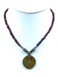 Amethyst Glass Bead Necklace W/ Vintage Asian Themed Coin Pendant