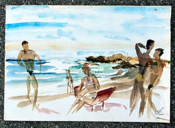 A Vintage Original Watercolor, C. 1960's - NY Beach Scene By Len Groag