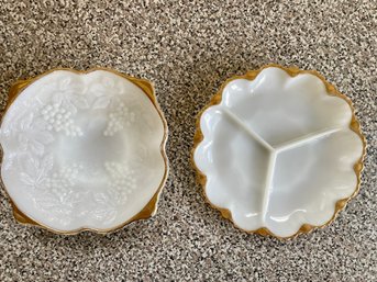 Two Beautiful Gilt Edged Milk Glass Dishes