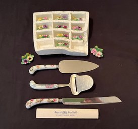 Hostess Accessories - Coalport Bone China Place Card Holders And Serving Utensils Inc Sheffield Knife