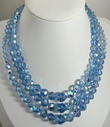 VINTAGE SIGNED LAGUNA BLUE FACETED ARUORA TRIPLE STRAND BEAD NECKLACE