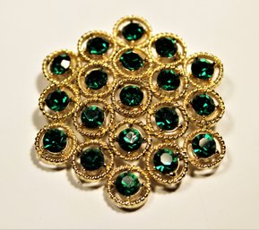 Gold Tone Vintage Green Rhinestone Brooch