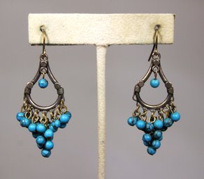 Vintage Silver Tone And Genuine Turquoise Stone Pierced Earrings