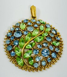 LARGE BEAUTIFUL BLUE AND GREEN RHINESTONE GOLD TONE PENDANT