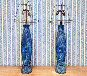 A Pair Of Fabulous And Large Glazed Earthenware Lamps, C. 1970's