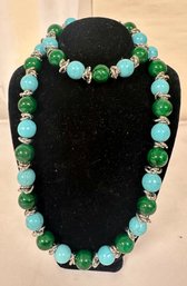 Excellent Ventian Glass And Malachite Necklace And Bracelet.