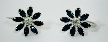 VINTAGE KREMENTZ SILVER TONE BLUE AND WHITE RHINESTONE FLOWER EARRINGS