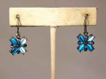 Pair Contemporary Silver Tone And Blue Glass Stone Pierced Earrings