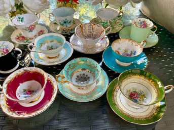 Set Of 9 Stunning Tea Cups And Saucers With Heavy Gold Tone Accents
