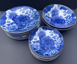 Set Of Japanese Blue & White Dishes With Peonies & Dragons