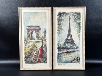 A Fabulous Pair Of Vintage Mid-Century Watercolor Prints, Parisian Tourist Sites