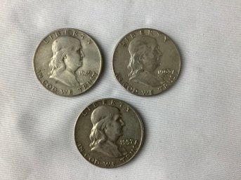 3 Franklin Half Dollars Dated 1949 D, 1957 D, 1963 (90 Per Cent Silver)