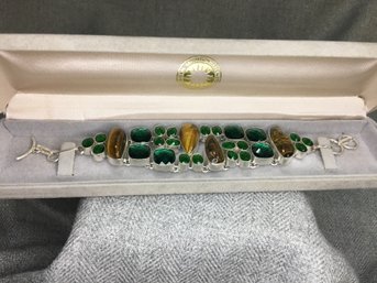 Stunning 925 / Sterling Silver & Multi Gemstone Bracelet - Tiger Eye - Chrome Diopside - Brand New - Unworn