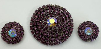 BEAUTIFUL VINTAGE WEISS PURPLE RHINESTONE BROOCH AND CLIP-ON EARRING SET - AS IS