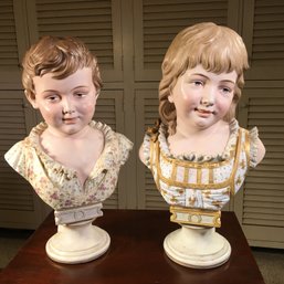 Fabulous Pair Of Large Porcelain Antique Busts Of Children AMAZING Details - Marked On Base - Sitzendorf ?