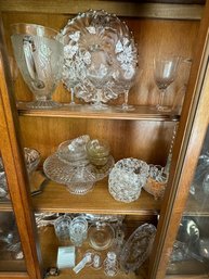 CABINET LOT OF GLASSWARE, SILVER OVERLAY, AND SILVERPLATE