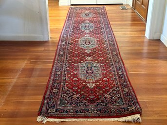 A Beautiful Vintage Runner In Handwoven Wool, Likely Persian, ~12'10' X 2'6'