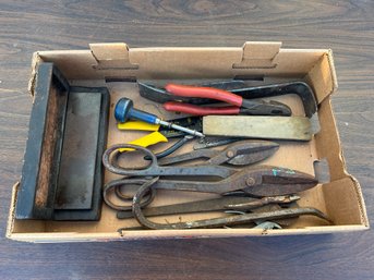 Box Lot Of Shears, Sharpening Stone, Misc Tools