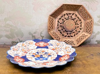 A Hand Carved Indian Bowl And Japanese Imari Platter