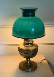 Antique Brass  Lamp W/green Cased Glass Shade