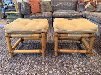 Pair Of Vintage Tufted Upholstered Bamboo Bench Chairs