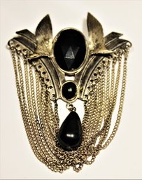 1980s Vintage Gold Tone Brooch Having Chains Having Black Stones