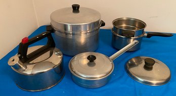 Vintage Cookware, Tea Kettle, Stock Pot, Egg Poacher Pan, Double Boiler (no Lid) & Extra Lid